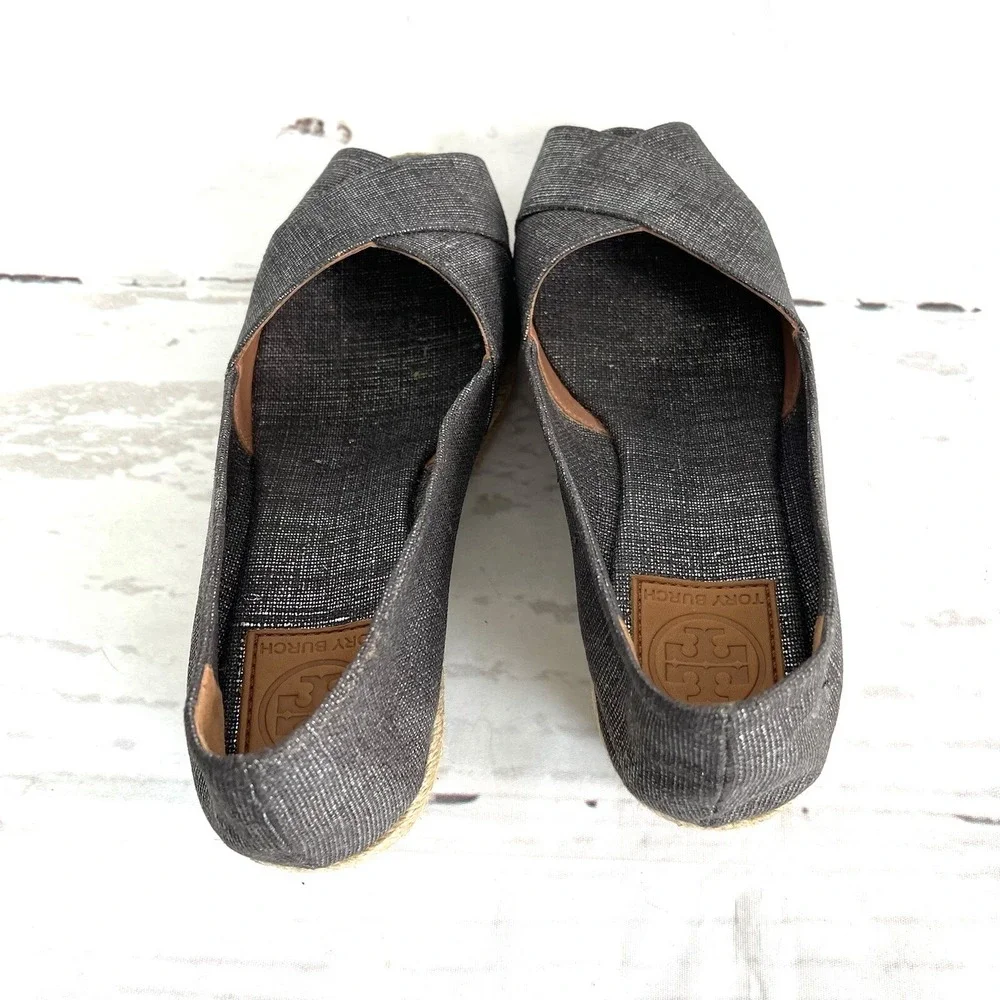 Tory Burch Filipa Shoes Women's 9.5B Pewter Espadrilles Peep Toe Wedges